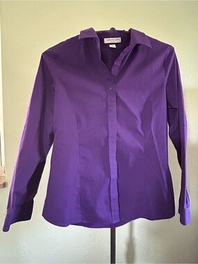 Coldwater Creek Deep Purple Button-Front Blouse flattering fit.